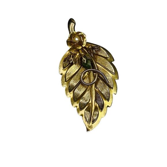 Vintage Gold Leaf Pin Inlaid with Pearl & Jade - Picture 1 of 7